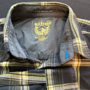 Kuhl Mens XL Button Up Plaid Flannel Shirt Navy Yellow Cotton Wool Long Sleeve
